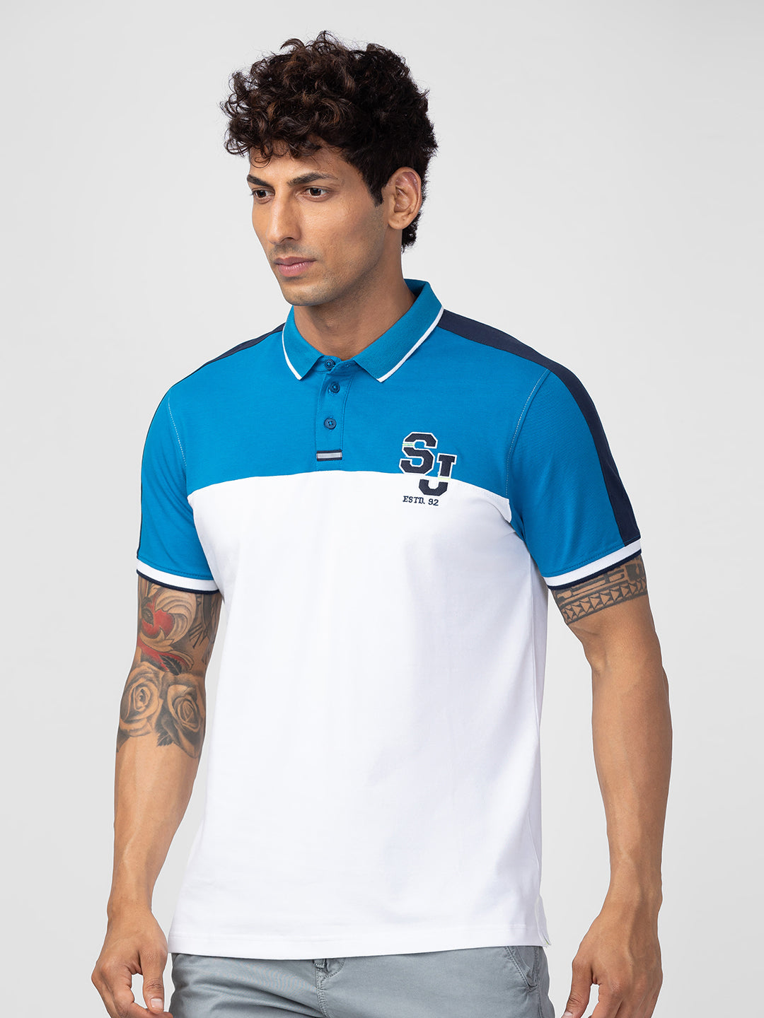 Spykar Men Urban Blue Cotton Regular Fit Half Sleeve Printed Polo T-Shirt