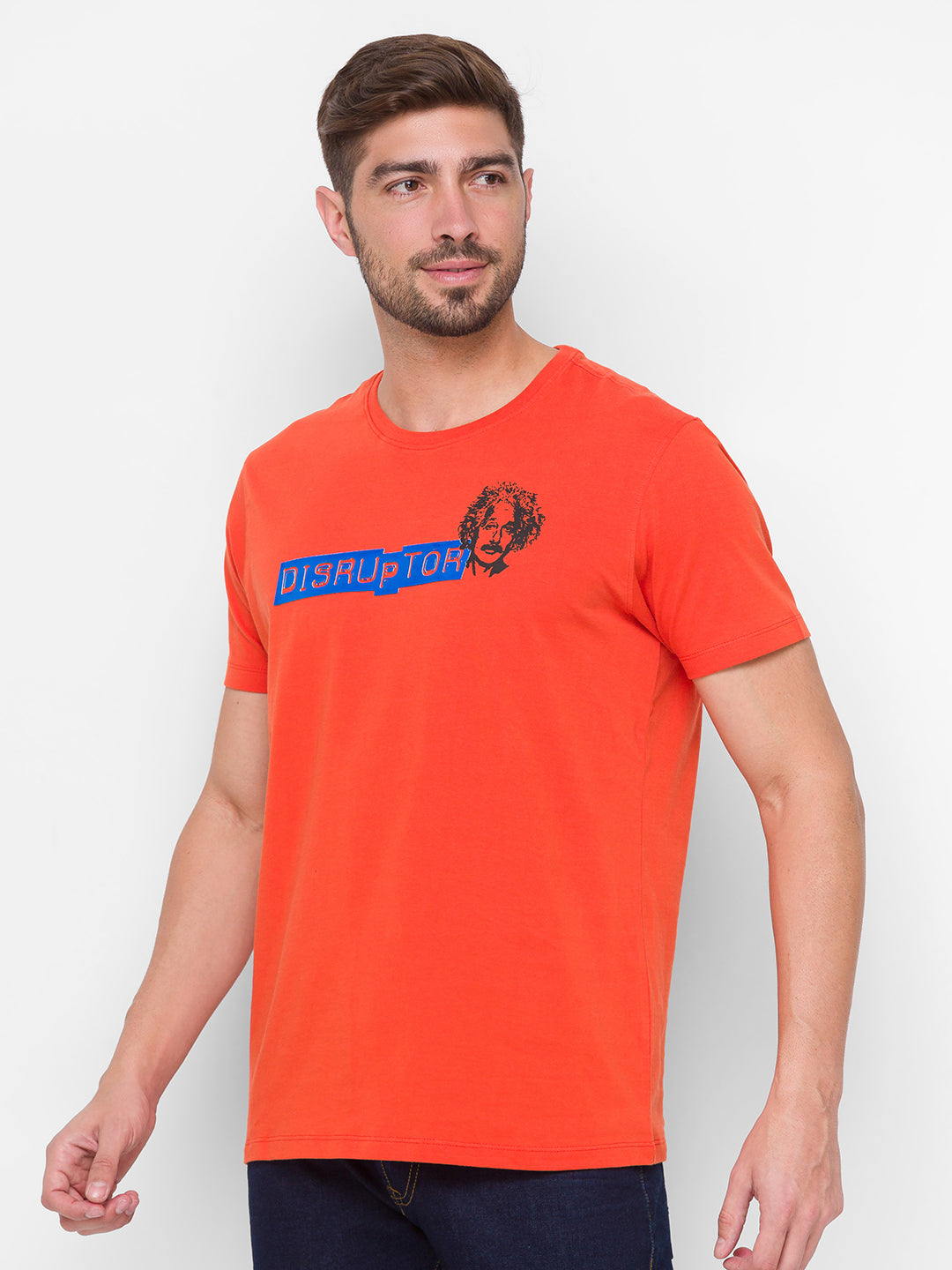 Albert Einstein Spykar Men Orange Cotton Slim Fit Round Neck T-Shirt