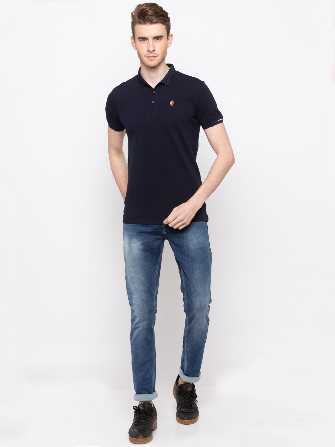 Spykar Men Blue Cotton Slim Fit Polo T-Shirt