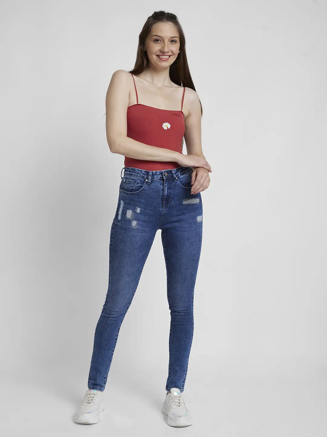 Spykar Women Mid Blue Lycra Skinny Fit Regular Length Mild Distressed Jeans -(Adora)