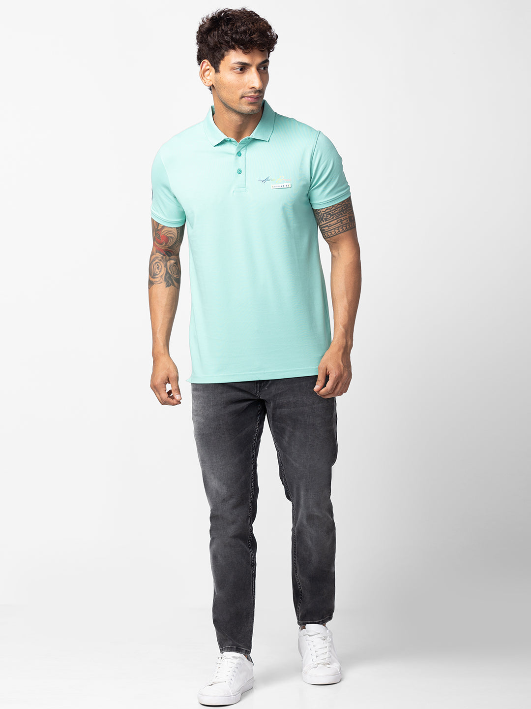 Spykar Men Ice Green Cotton Regular Fit Half Sleeve Plain Polo T-Shirt
