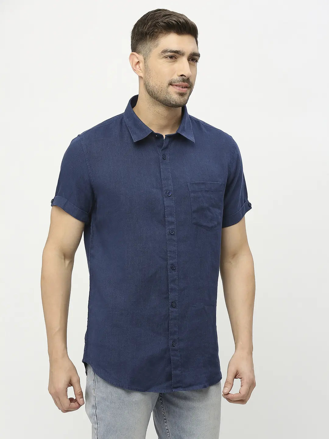 Spykar Men Navy Blue Linen Regular Fit Half Sleeve Plain Shirts