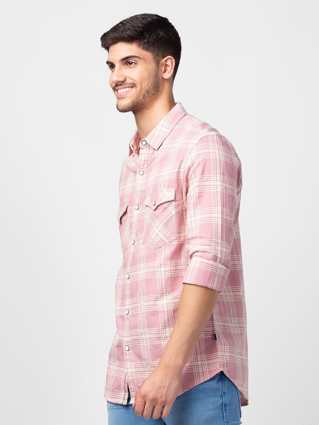 Spykar Men Dusty Pink Cotton Slim Fit Checkered Shirt