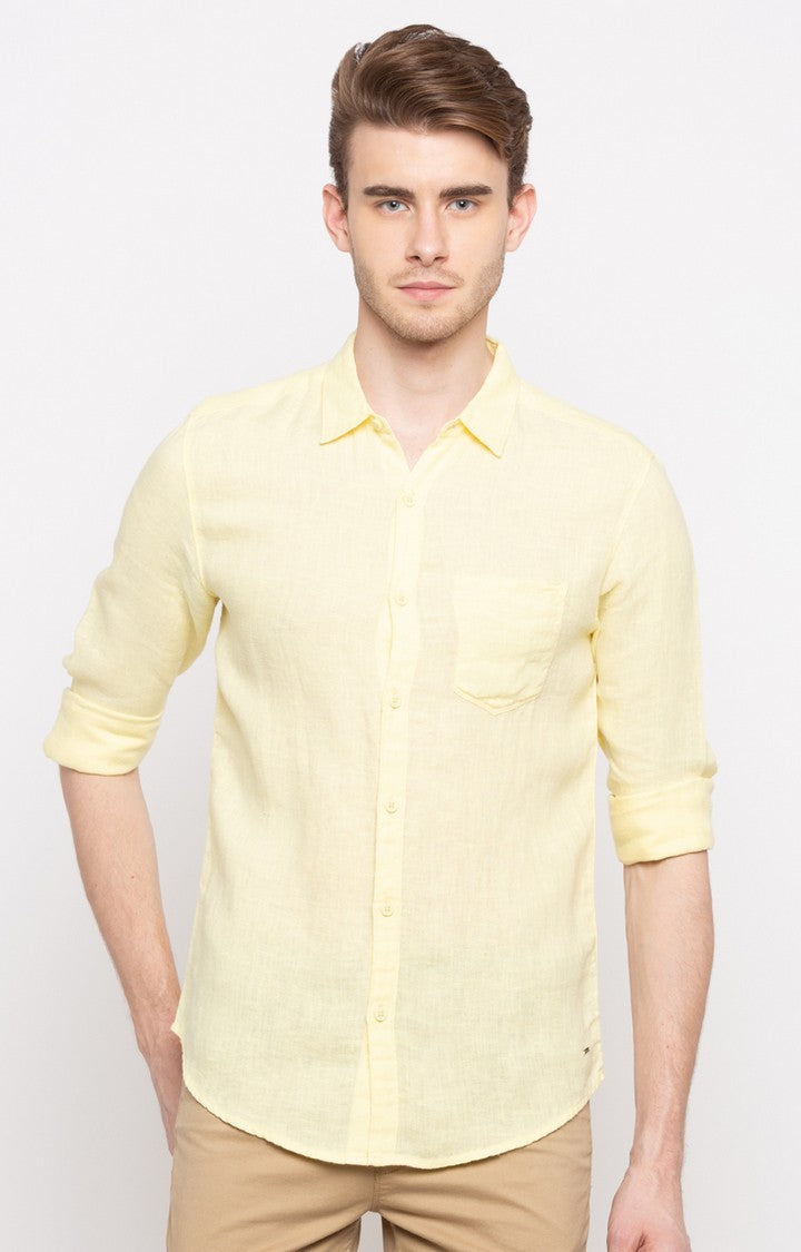 Spykar Men'S Yellow Cotton Solid Casual Shirts