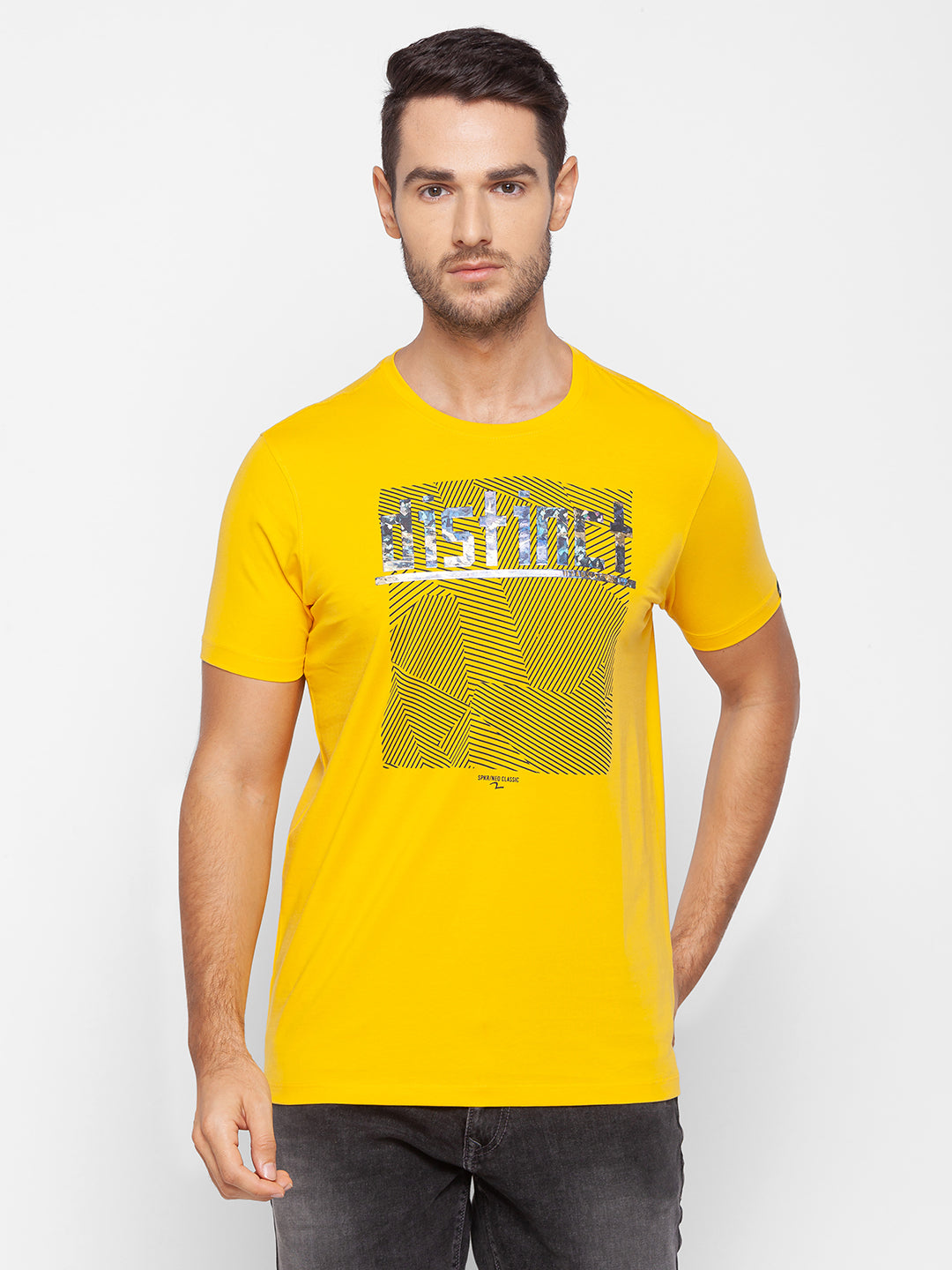 Spykar Men Yellow Cotton Slim Fit Round Neck T-Shirt