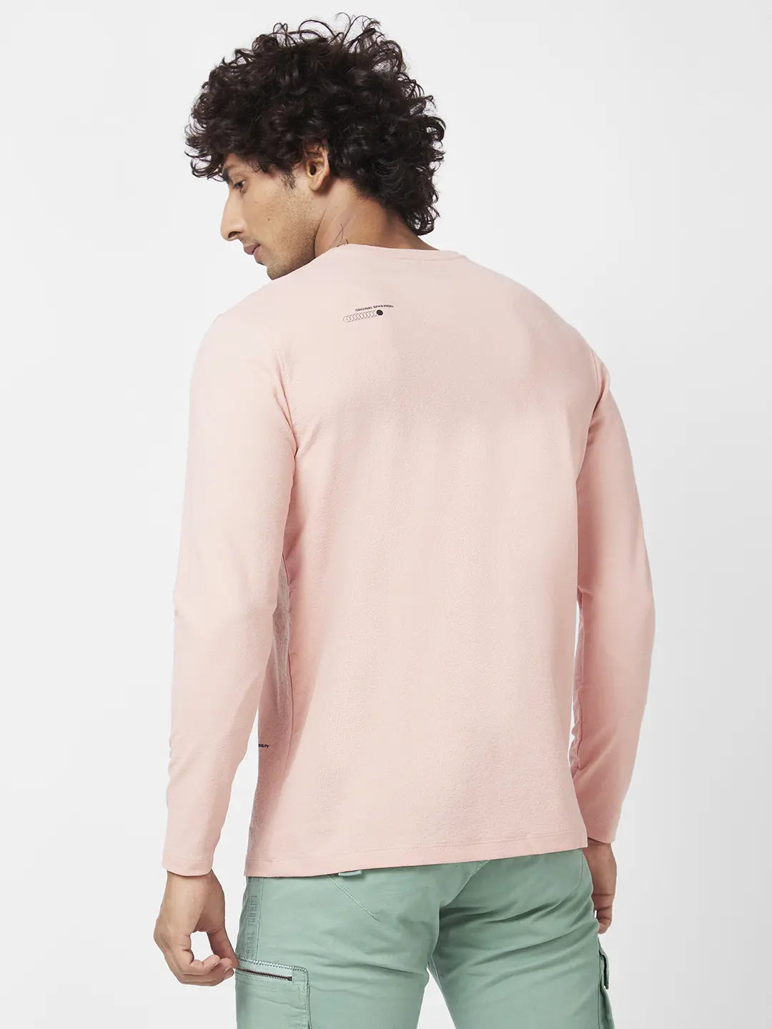 Spykar Men Peach Pink Blended Slim Fit Full Sleeve Round Neck Plain Tshirt