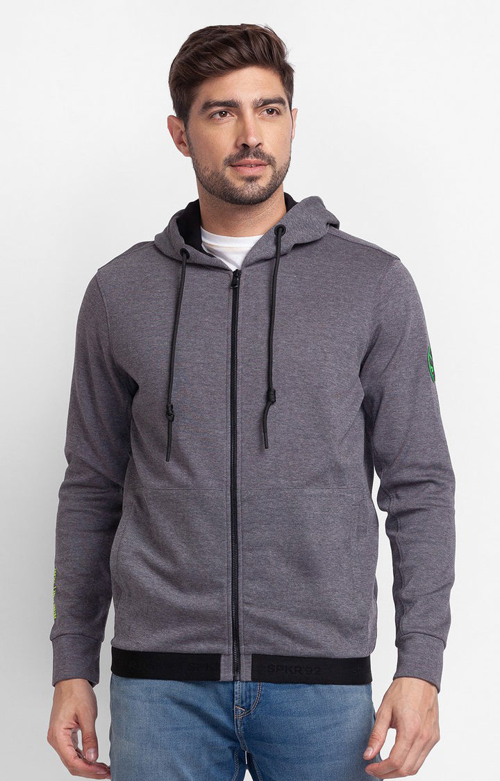 Spykar Anthra Melange Cotton Full Sleeve Hooded Sweatshirt For Men