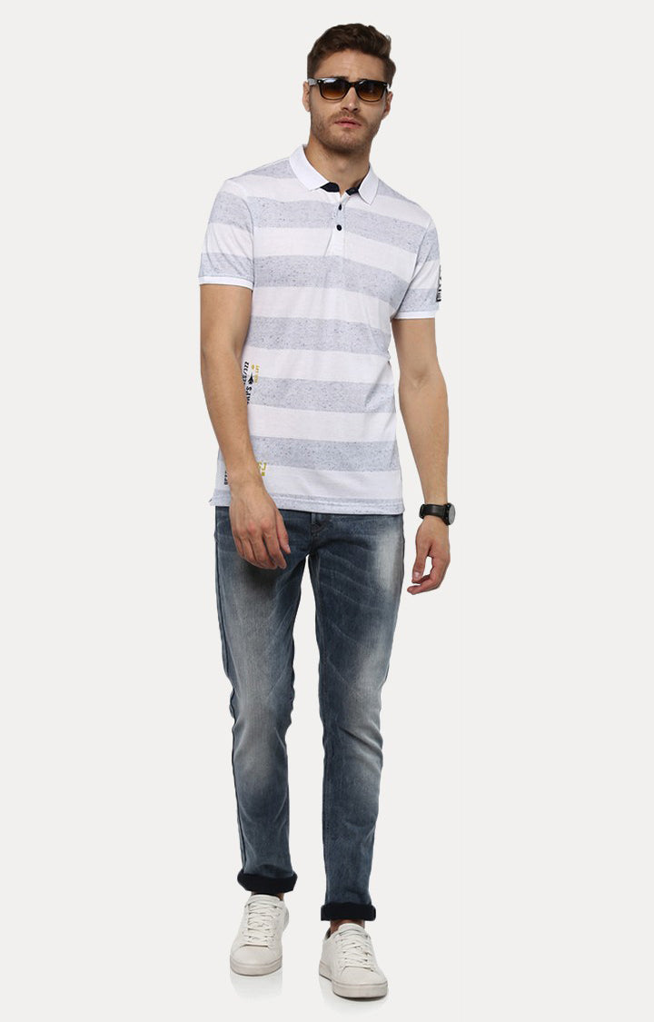 Spykar White Striped Slim Fit Polo T-Shirt