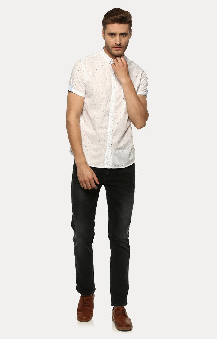 Spykar Men White Slub Slim Fit Printed Shirt