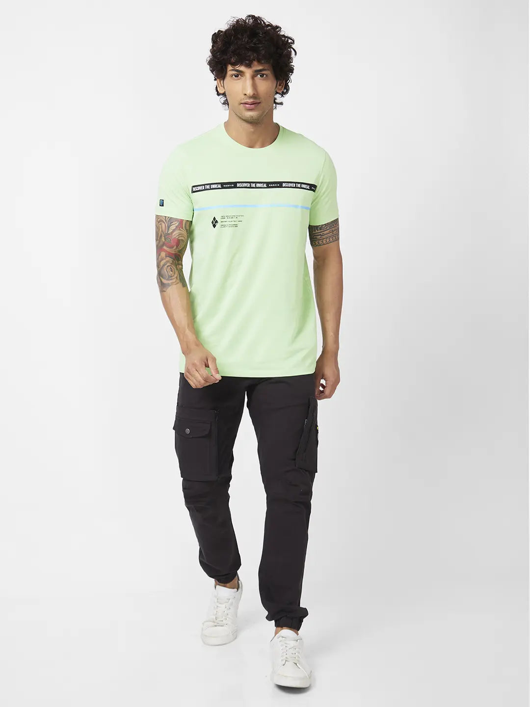 Spykar Men Mint Green Blended Slim Fit Half Sleeve Round Neck Printed Tshirt