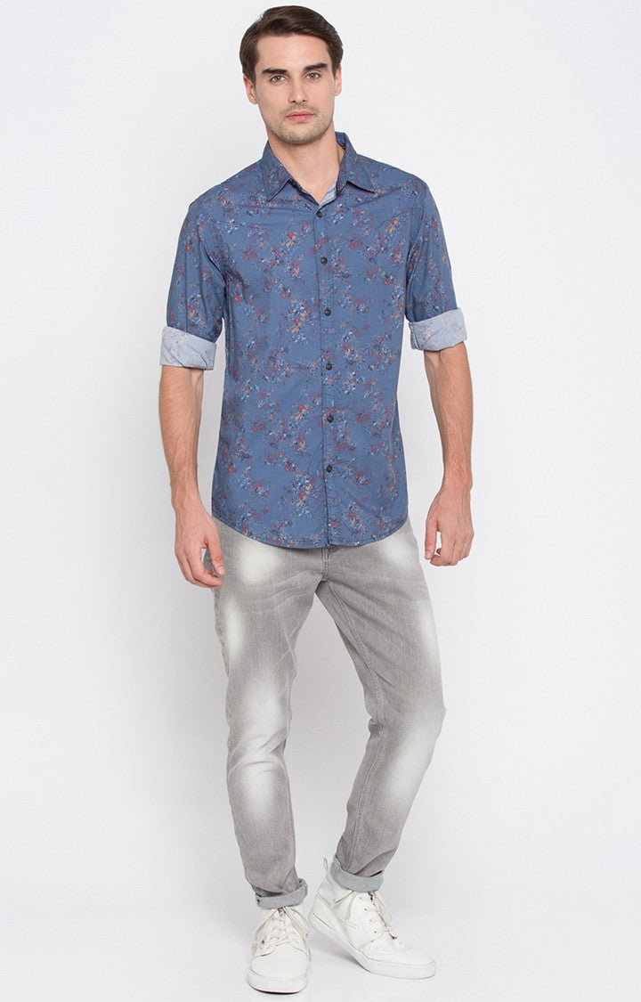 Spykar Men'S Blue Cotton Printed Casual Shirts