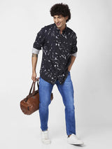 Spykar Men Black Viscose Regular Slim Fit Full Sleeve Causal Printed Shirt