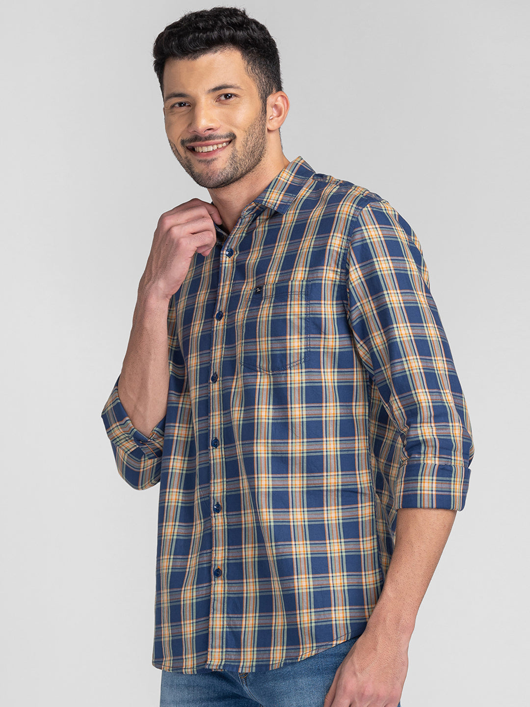 Spykar Men Indigo Blue Cotton Regular Fit Checkered Shirts