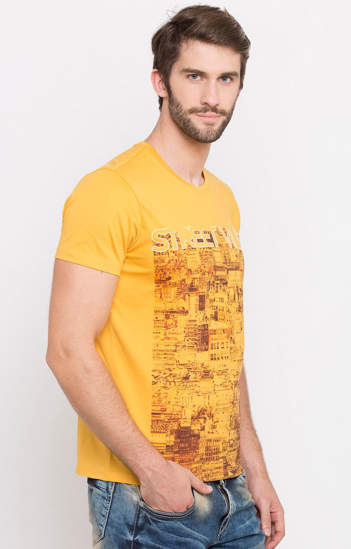 Spykar Yellow Printed Slim Fit Men T-Shirts