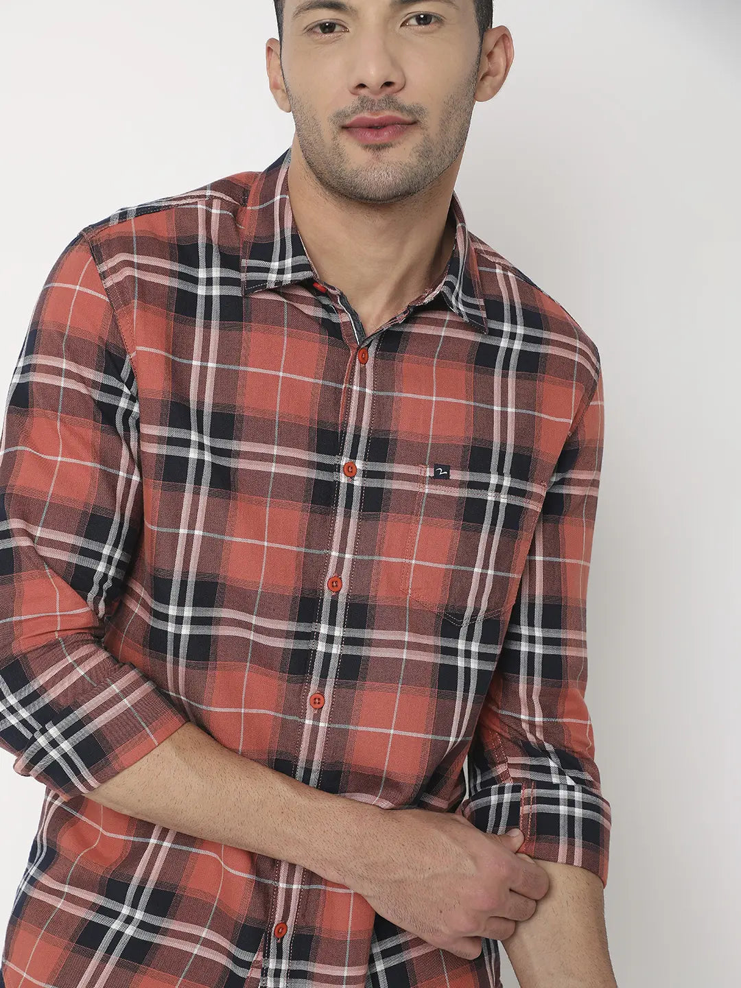 Spykar Men Coral Cotton Slim Fit Checkered Shirt