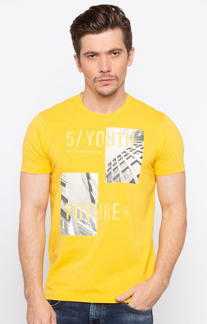 Spykar Yellow Printed Slim Fit Men T-Shirts