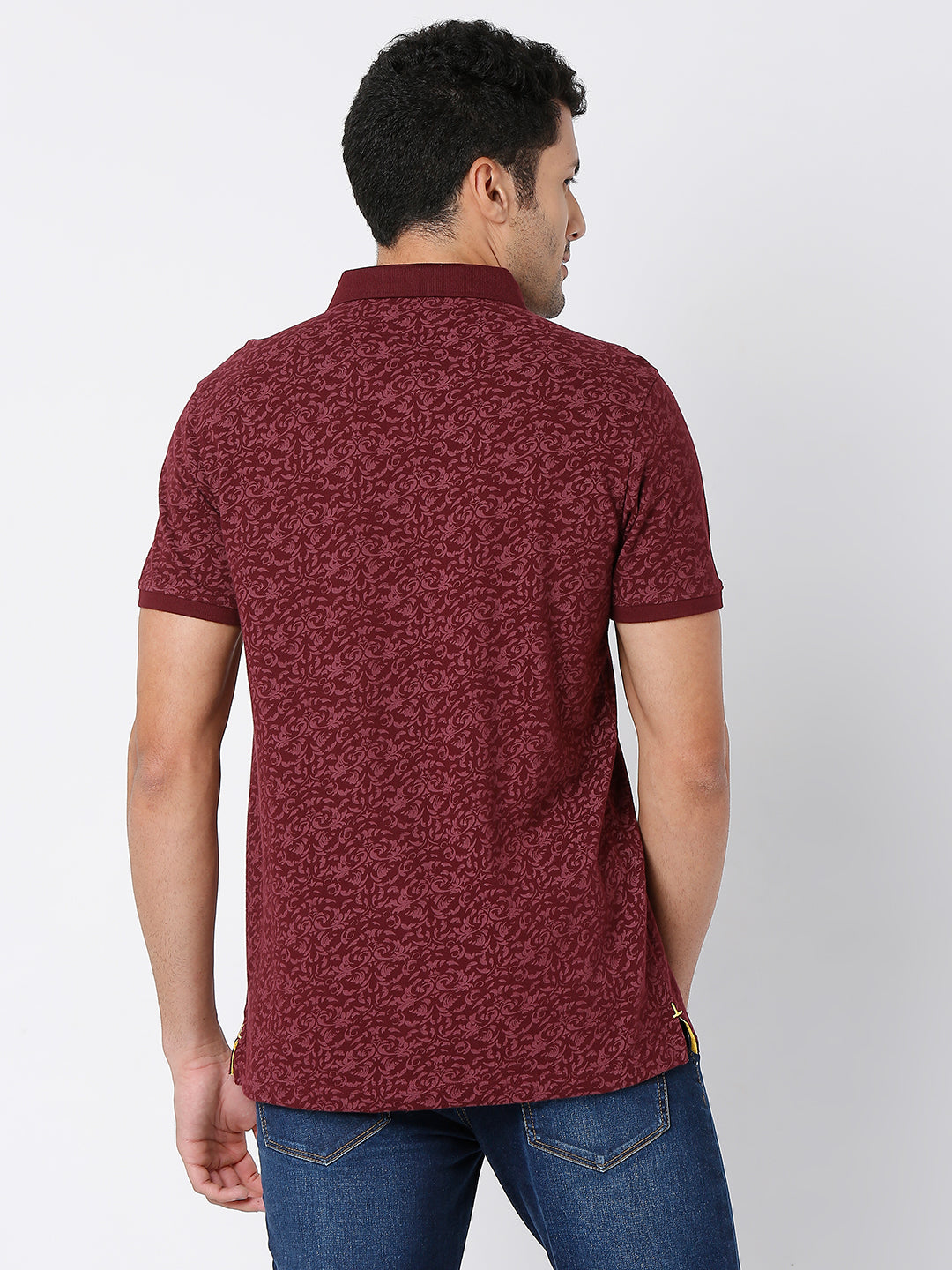 Spykar Men Wine Cotton Slim Fit Printed Polo Tshirt