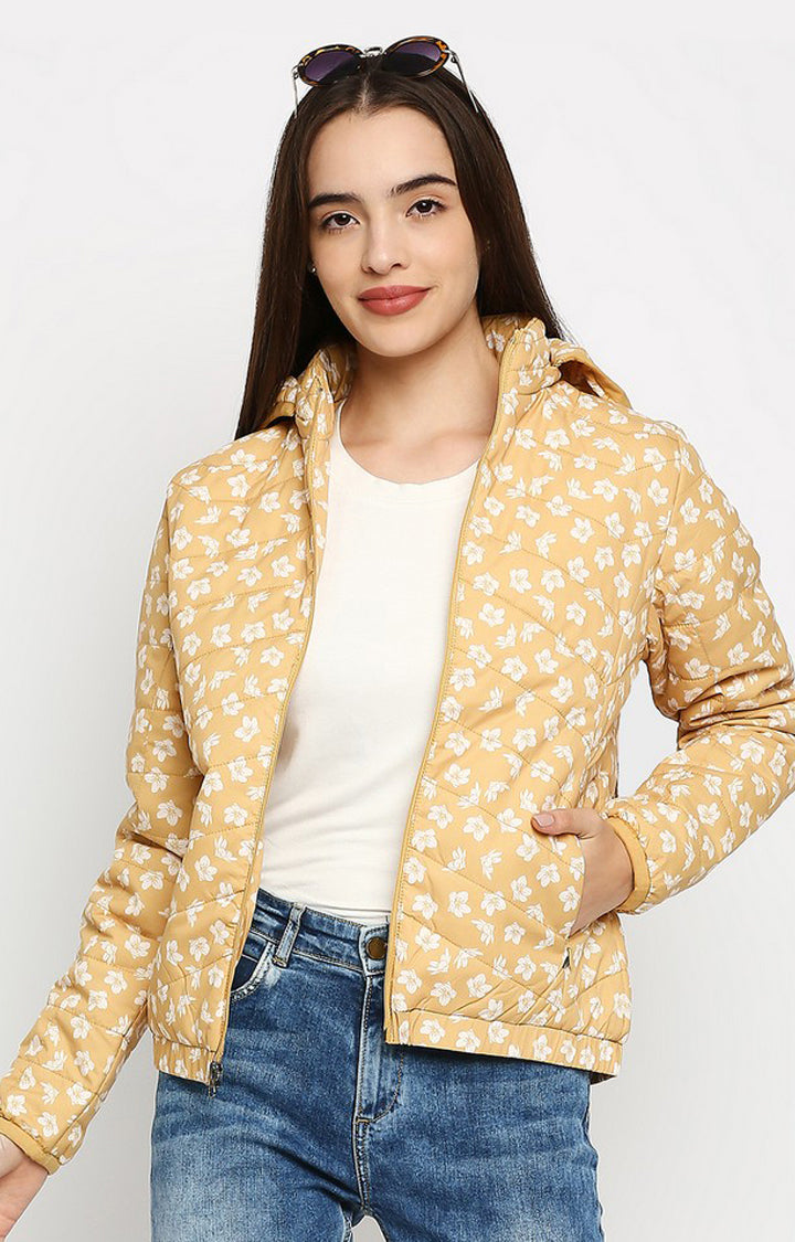 Spykar Women Yellow Cotton Regular Fit Hoodie Jacket