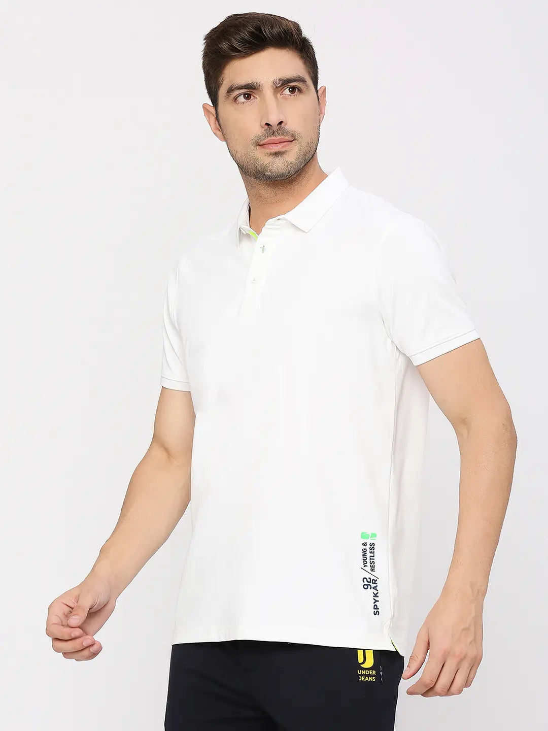 Spykar Men White Cotton Slim Fit Plain Polo T-Shirt