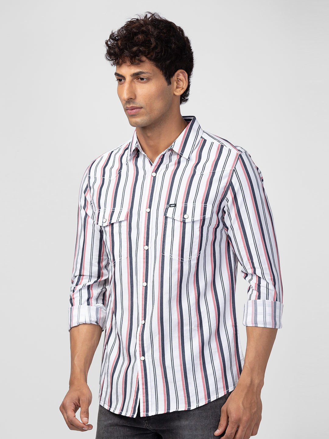 Spykar Men Tan Pink Cotton Slim Fit Striped Shirt