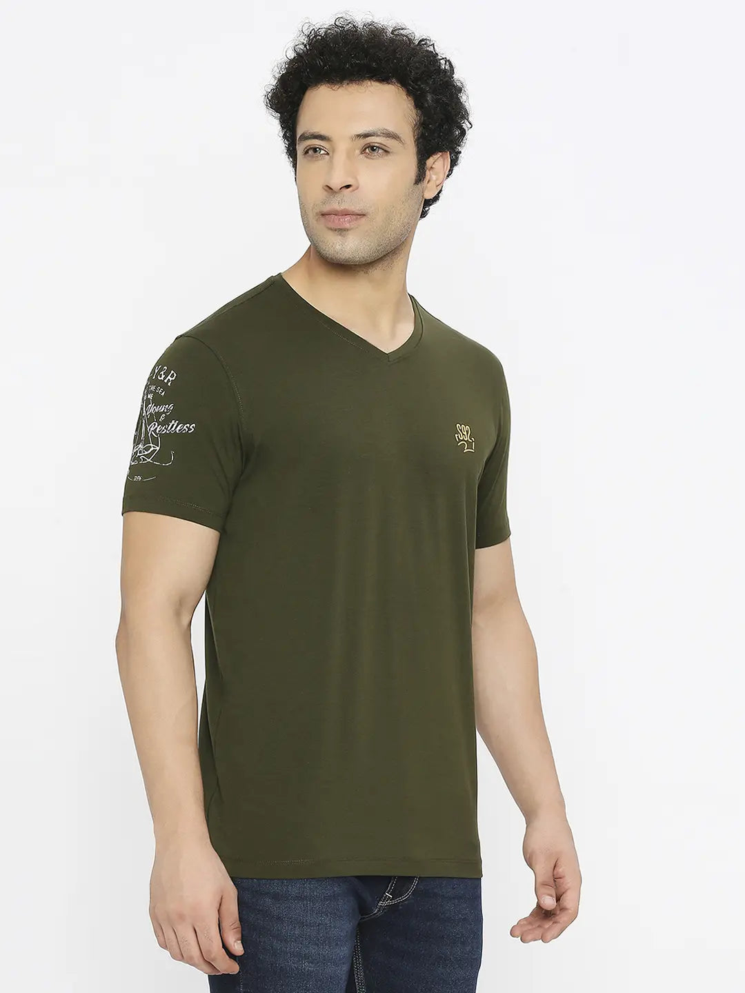 Spykar Men Rifle Green Cotton Regular Fit Half Sleeve Plain V-Neck Tshirt