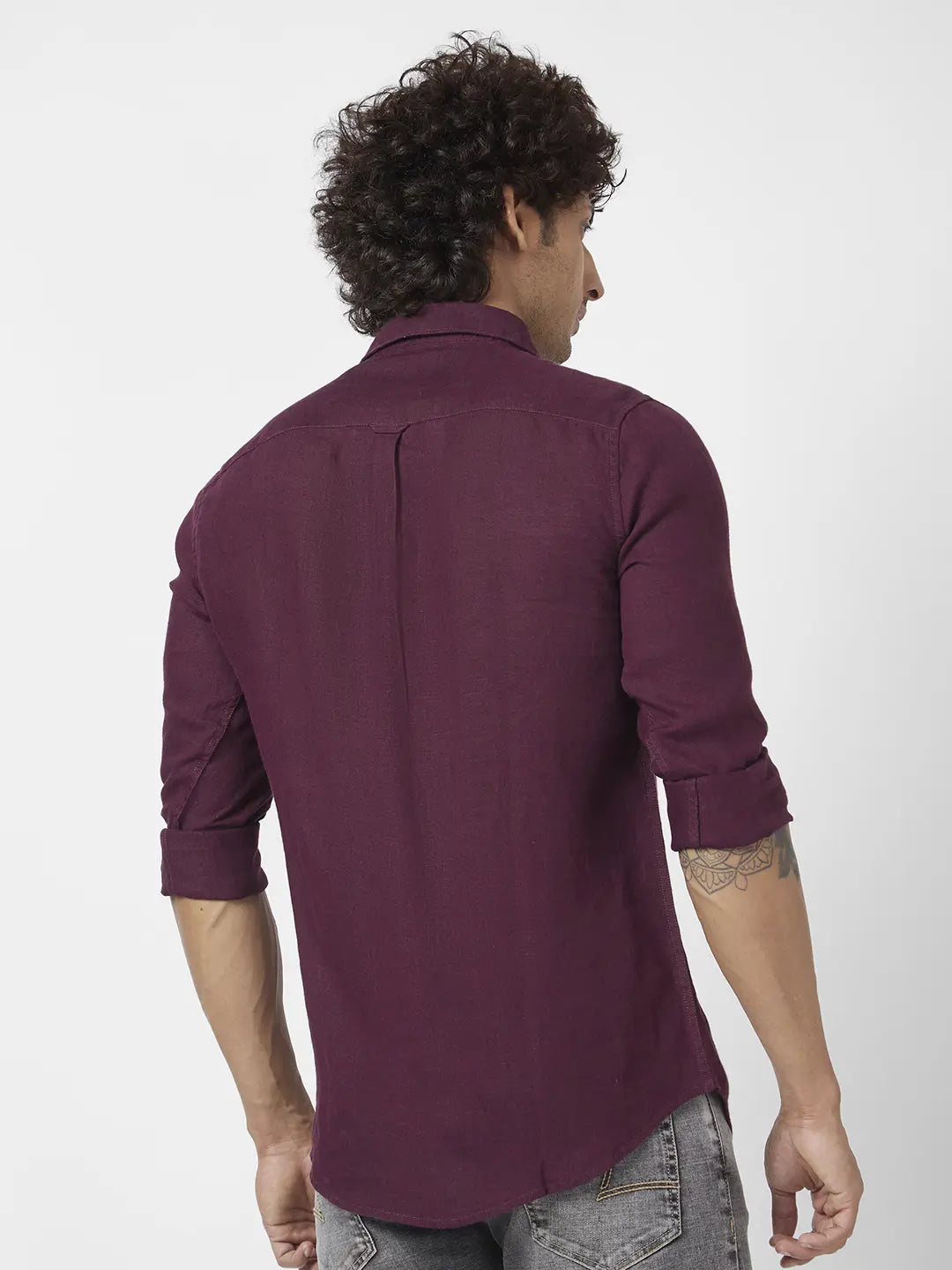 Spykar Men Wine Red Linen Regular Slim Fit Full Sleeve Plain Shirt