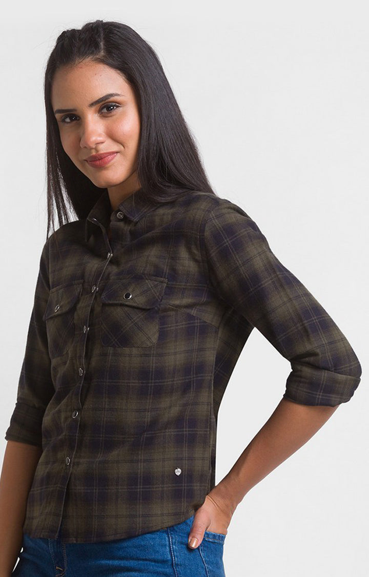 Spykar Olive Cotton Full Sleeve Checks Shirts For Women