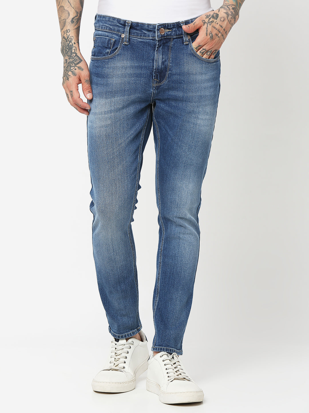 Spykar Men Mid Blue Cotton Slim Fit Tapered Length Jeans (Kano)