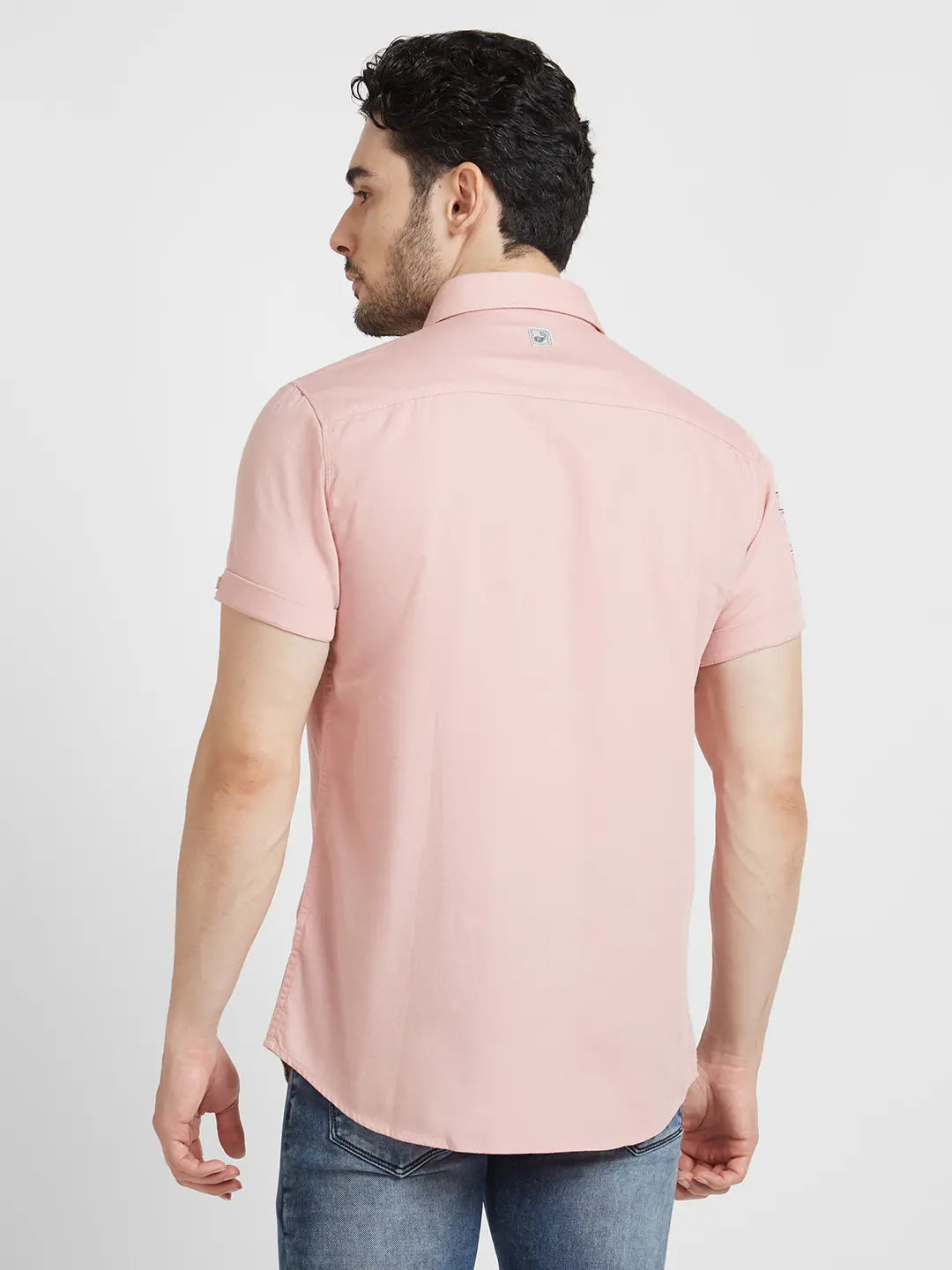 Spykar Men Dusty Pink Twill Regular Slim Fit Half Sleeve Plain Shirt