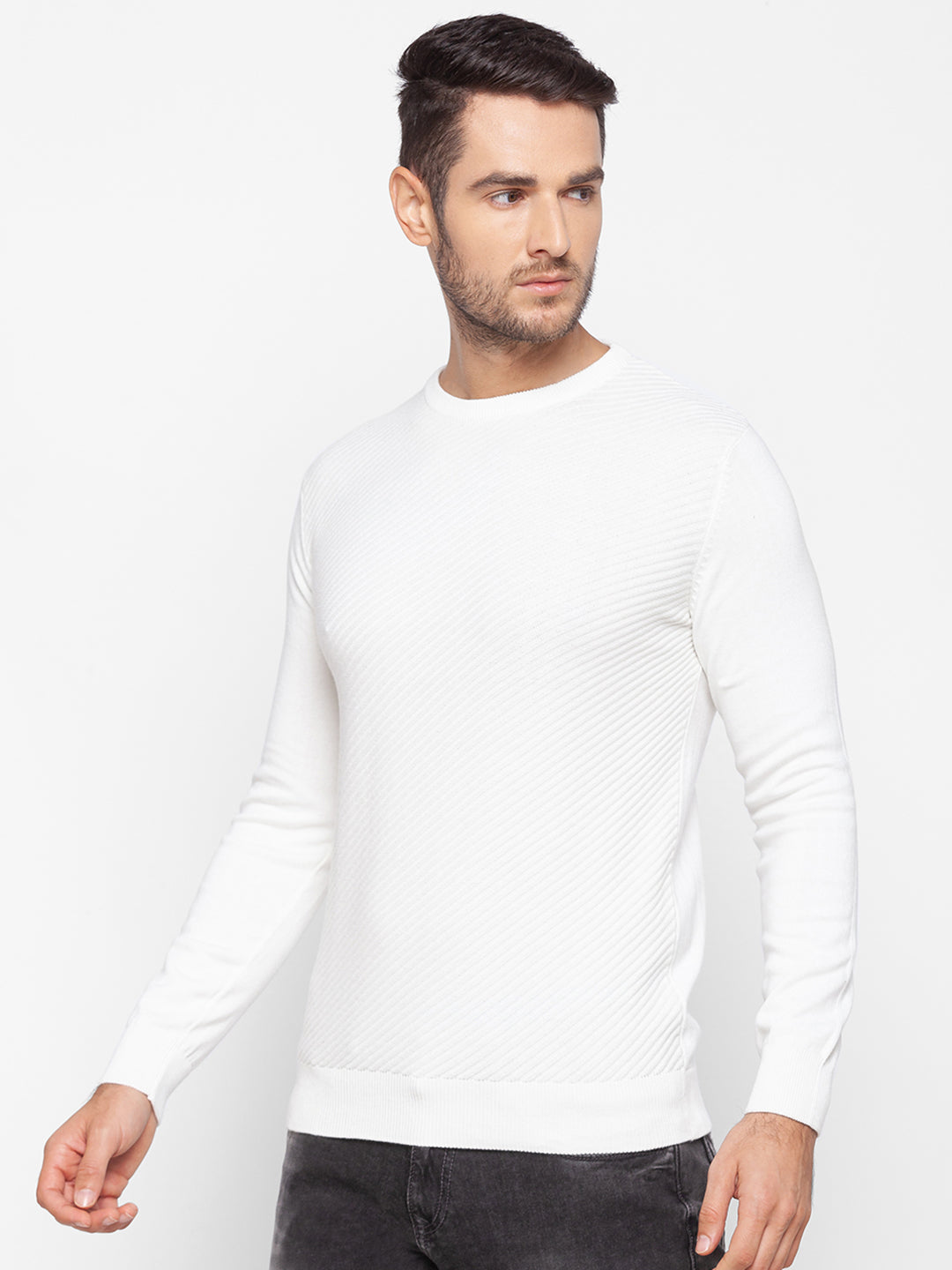 Spykar White Cotton Men Sweater