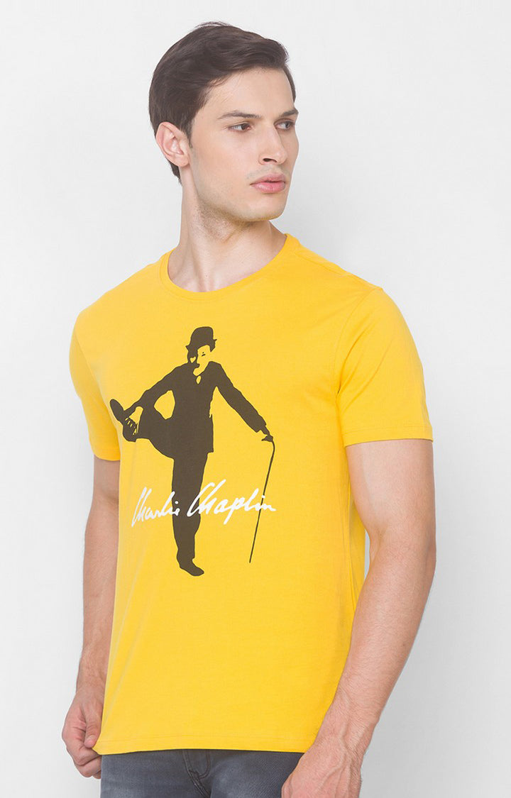 Charlie Chaplin Spykar Men Chrome Yellow Cotton Slim Fit Round Neck Printed T-Shirt