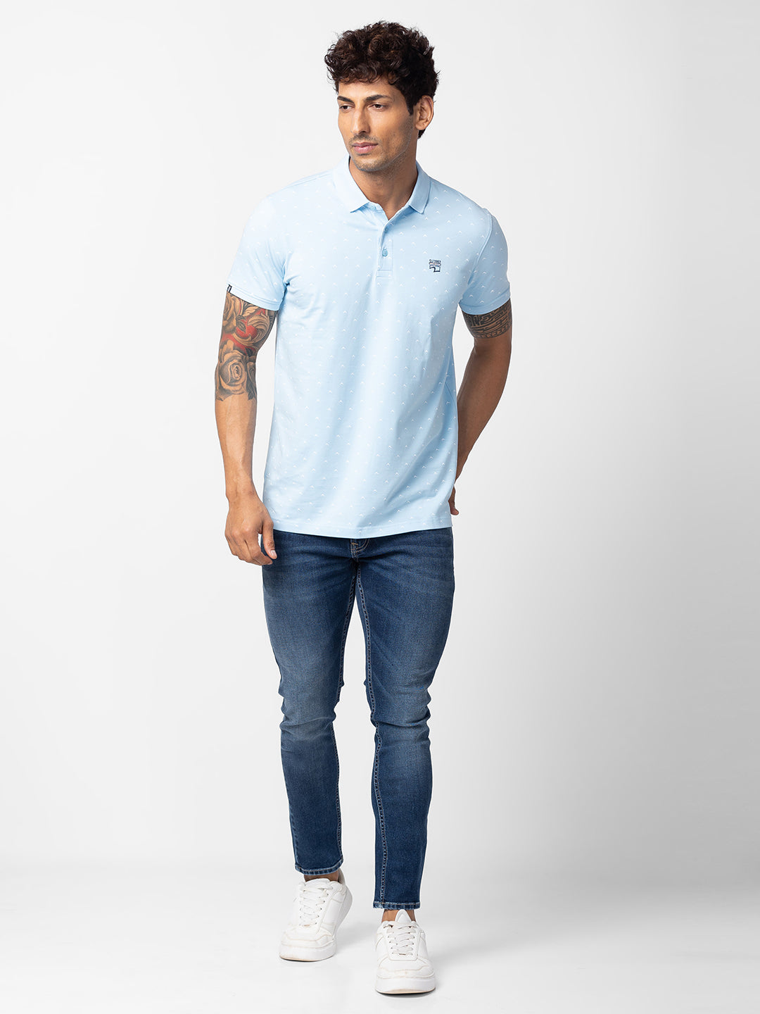 Spykar Men Powder Blue Cotton Regular Fit Half Sleeve Printed Polo T-Shirt