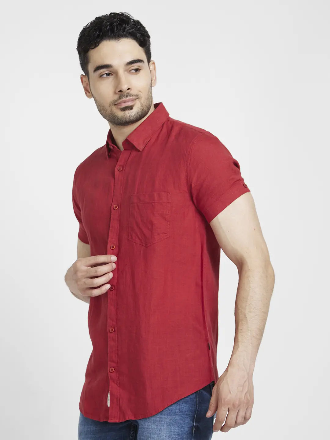 Spykar Men Brick Red Linen Regular Slim Fit Half Sleeve Plain Shirt