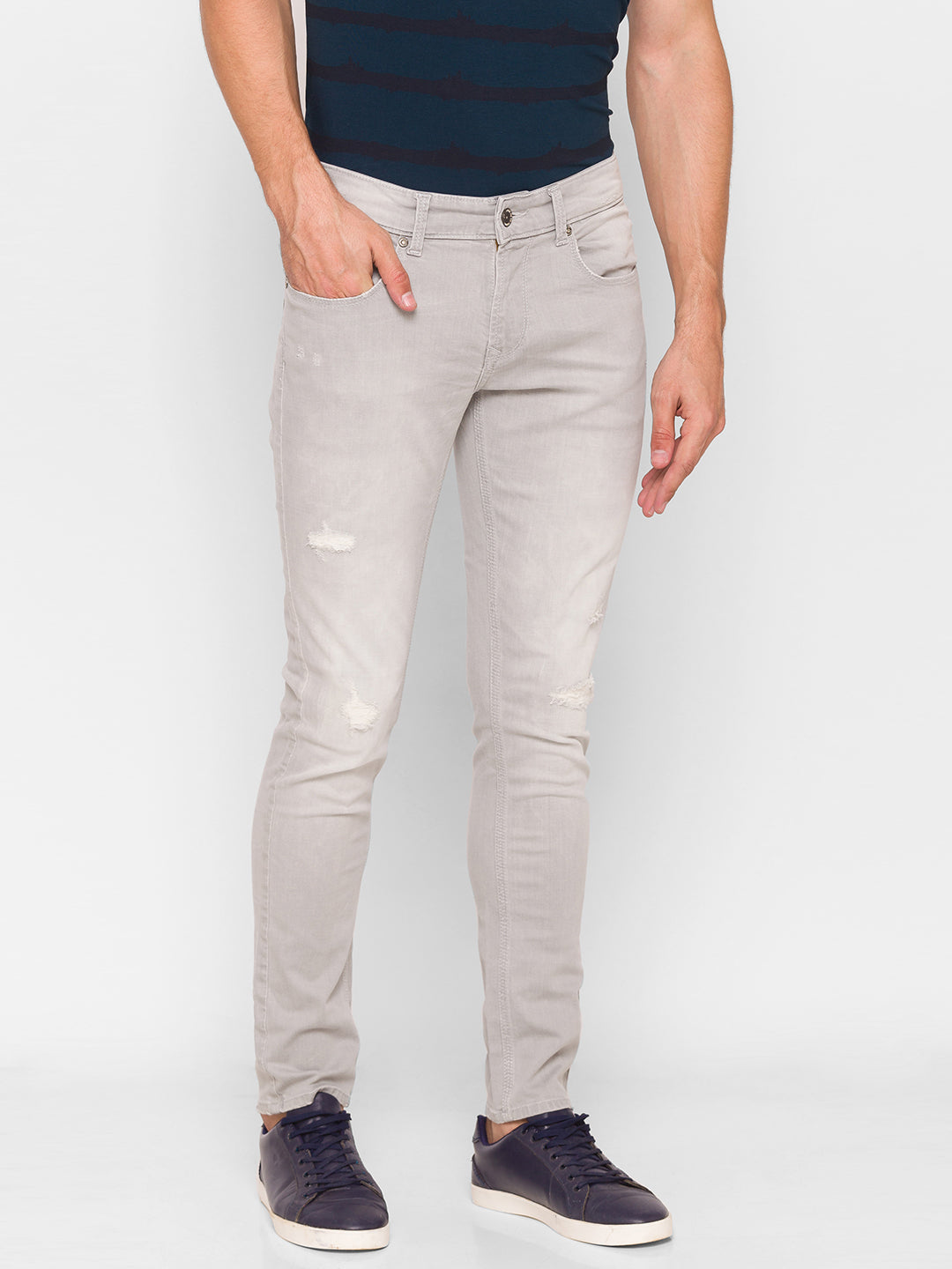 Spykar Men Grey Cotton Super Slim Fit Tapered Length Jeans (Super Skinny)