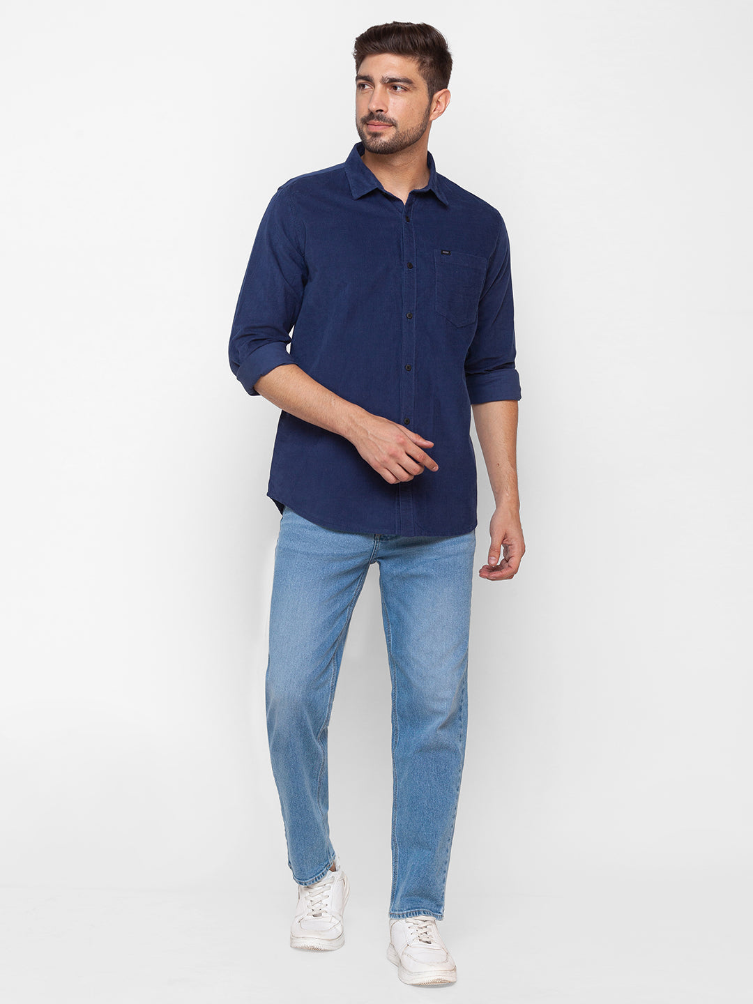 Spykar Indigo Blue Cotton Full Sleeve Plain Shirt For Men