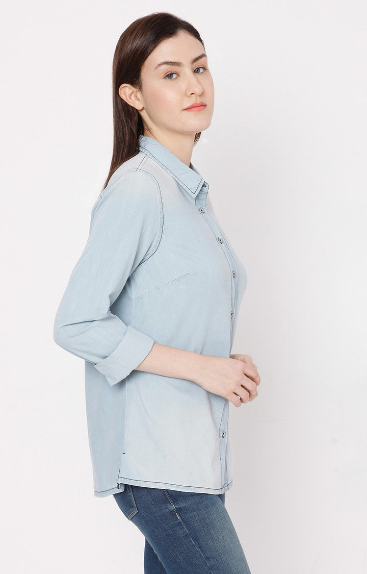 Spykar Women Light Blue Cotton Regular Fit Denim Shirt