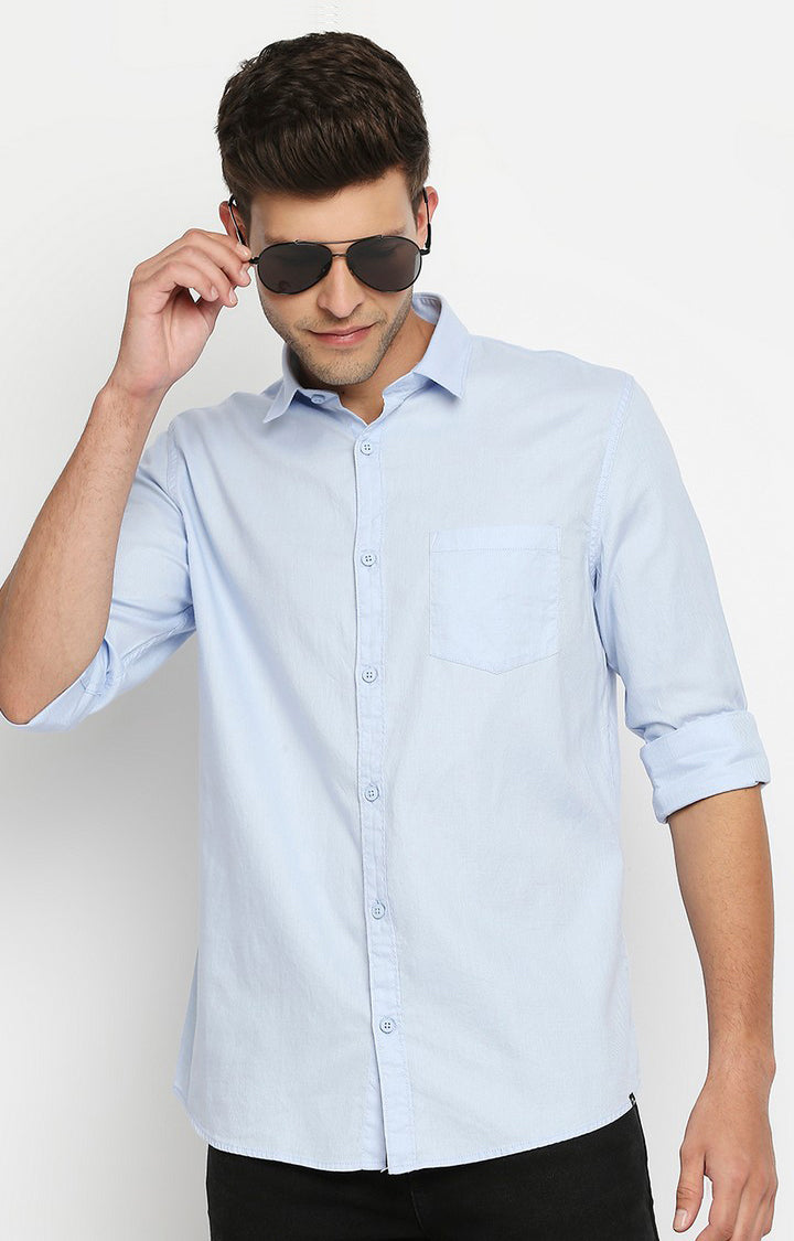 Spykar Men Blue Slim Fit Full Sleeve Plain Shirt