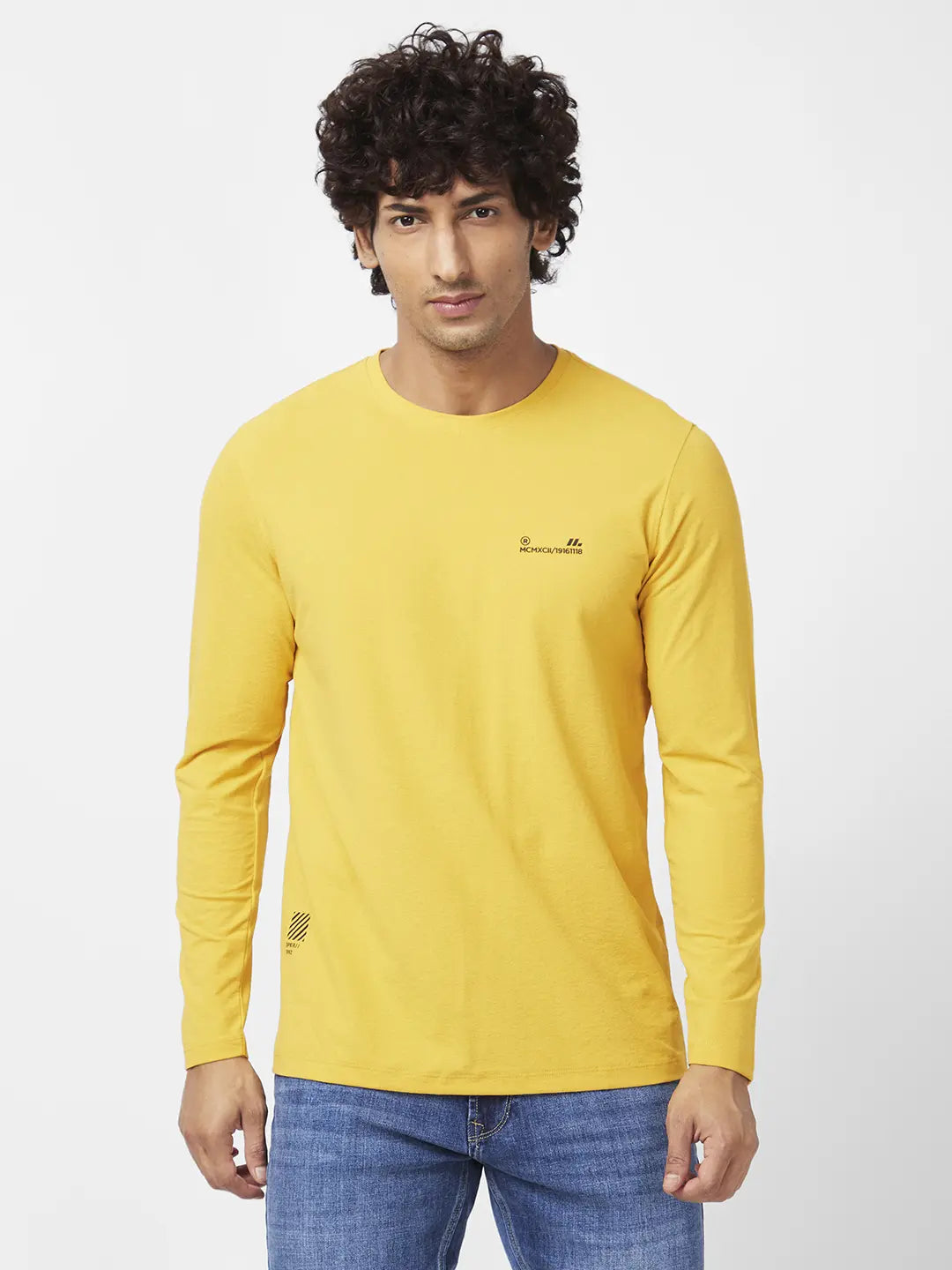 Spykar Men Mustard Yellow Blended Slim Fit Full Sleeve Round Neck Plain Tshirt
