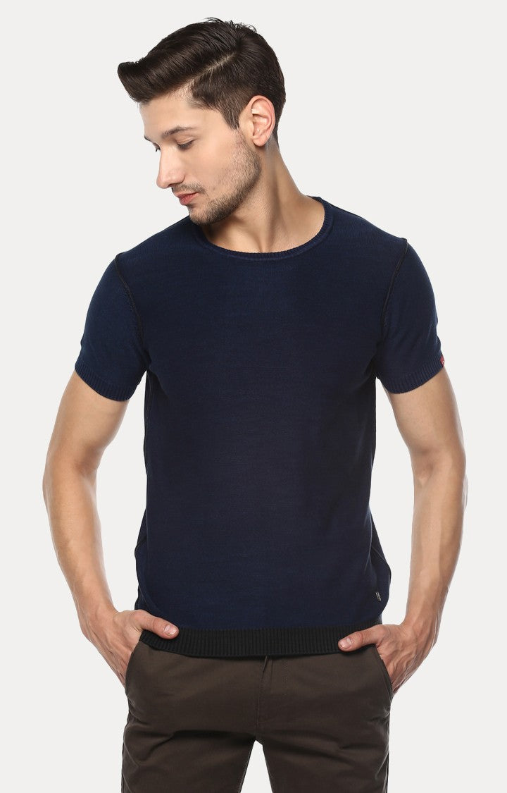 Navy Blue Solid Slim Fit Men T-Shirts