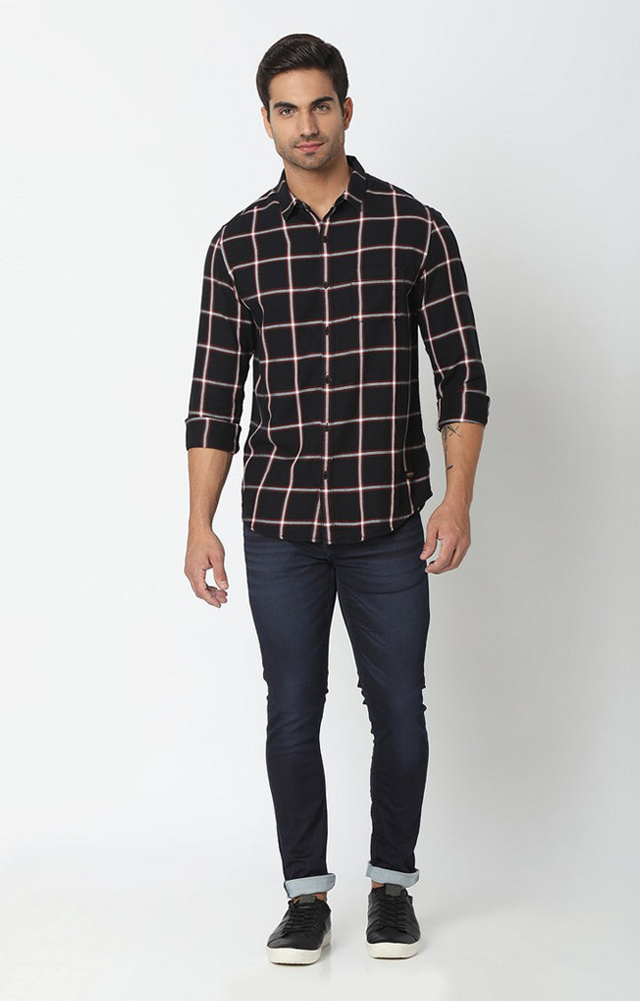 Spykar Men Black Cotton Slim Fit Checkered Shirt