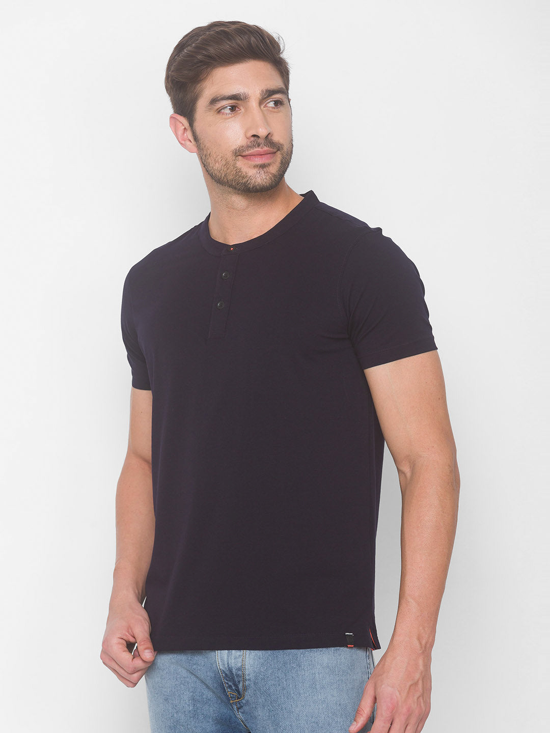 Spykar Men Blue Cotton Slim Fit Round Neck T-Shirt