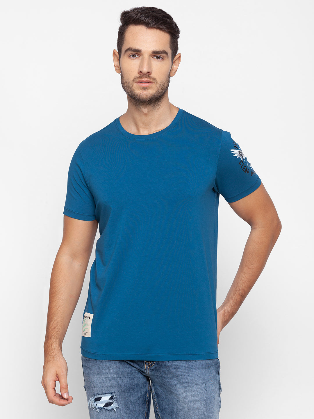 Spykar Men Blue Cotton Slim Fit Round Neck T-Shirt