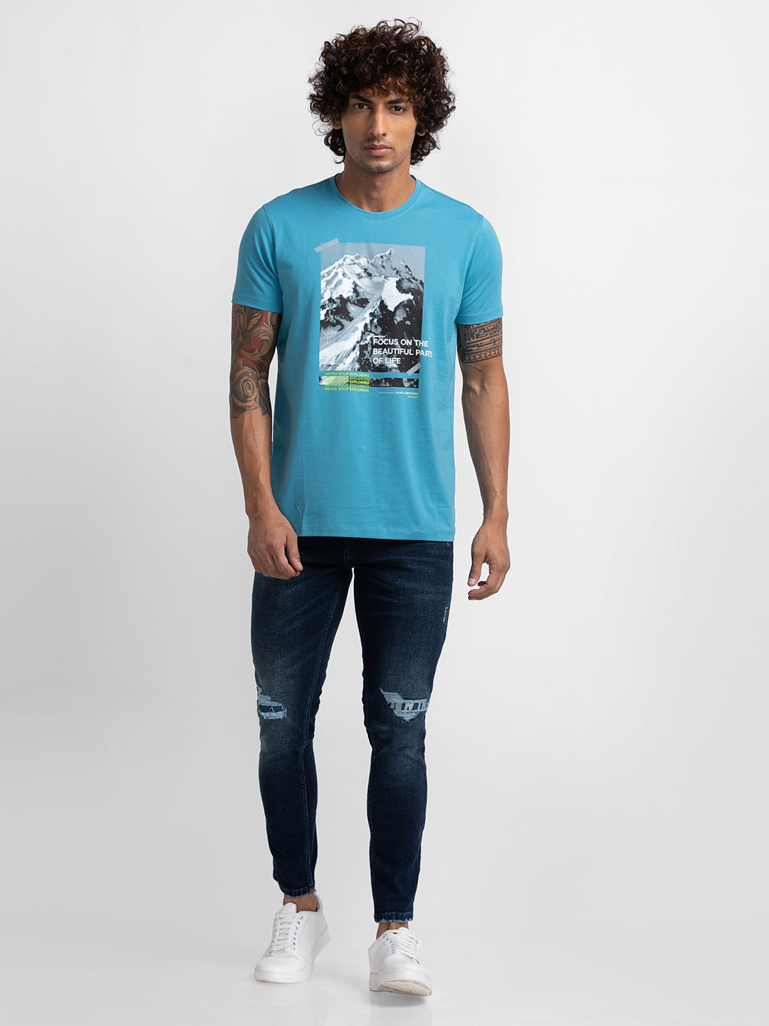 Spykar Haze Blue Cotton Half Sleeve Printed Casual T-Shirt For Men