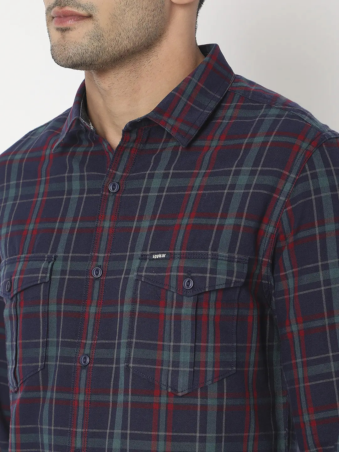 Spykar Men Navy Blue & Wine Red Cotton Slim Fit Checkered Shirt