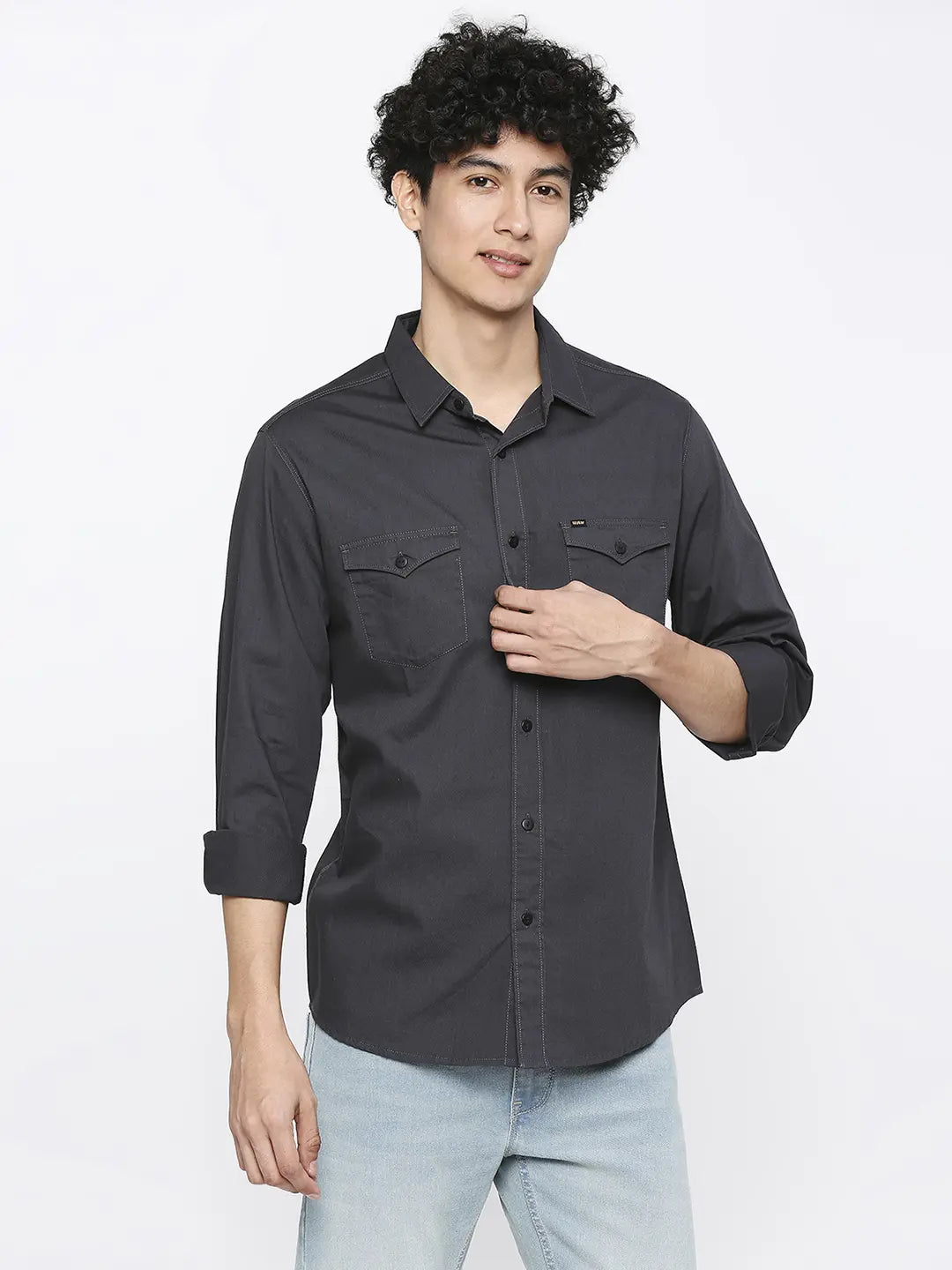 Spykar Men Charcoal Grey Cotton Slim Fit Plain Shirt