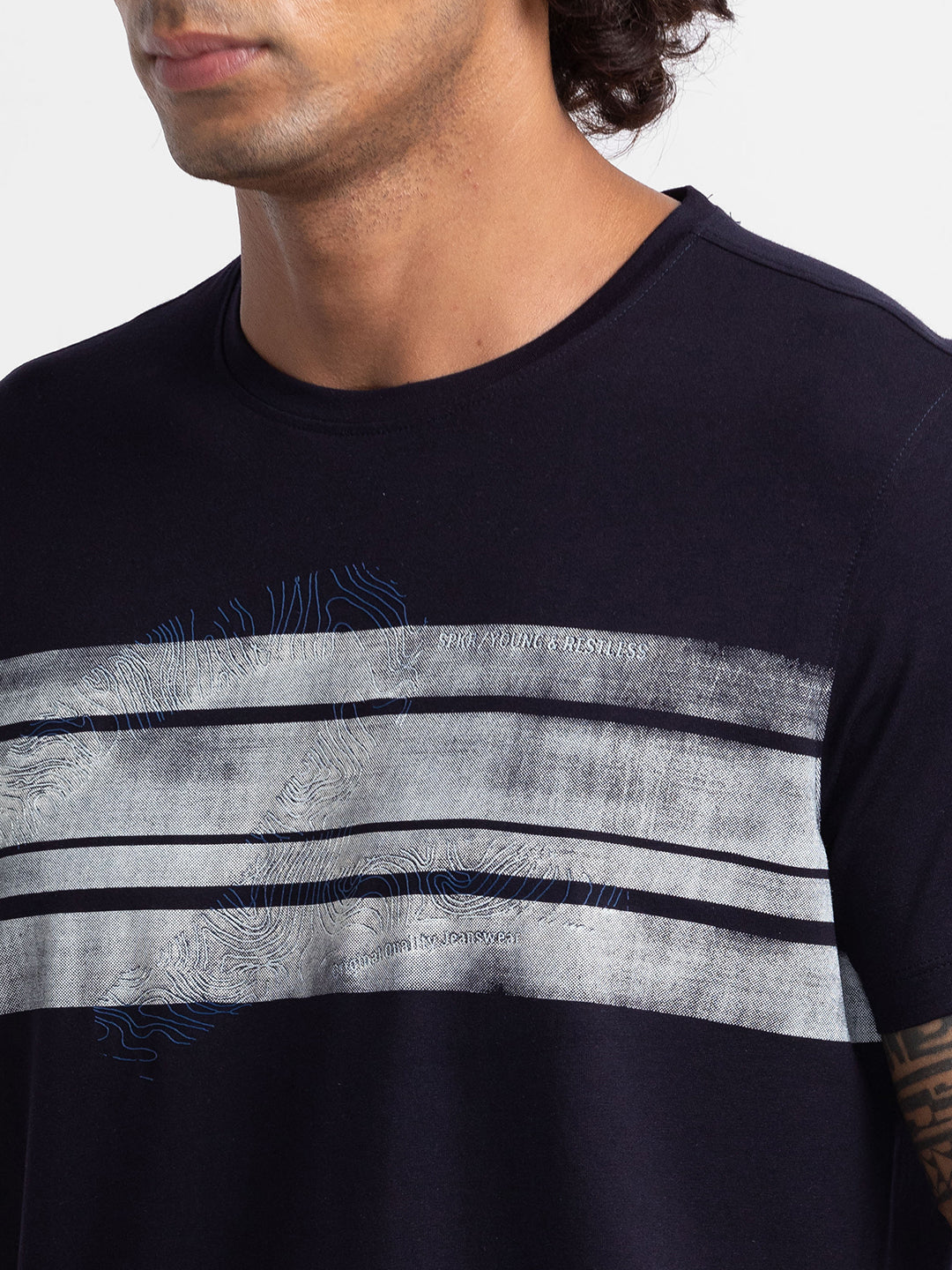 Spykar Navy Blue Cotton Half Sleeve Printed Casual T-Shirt For Men