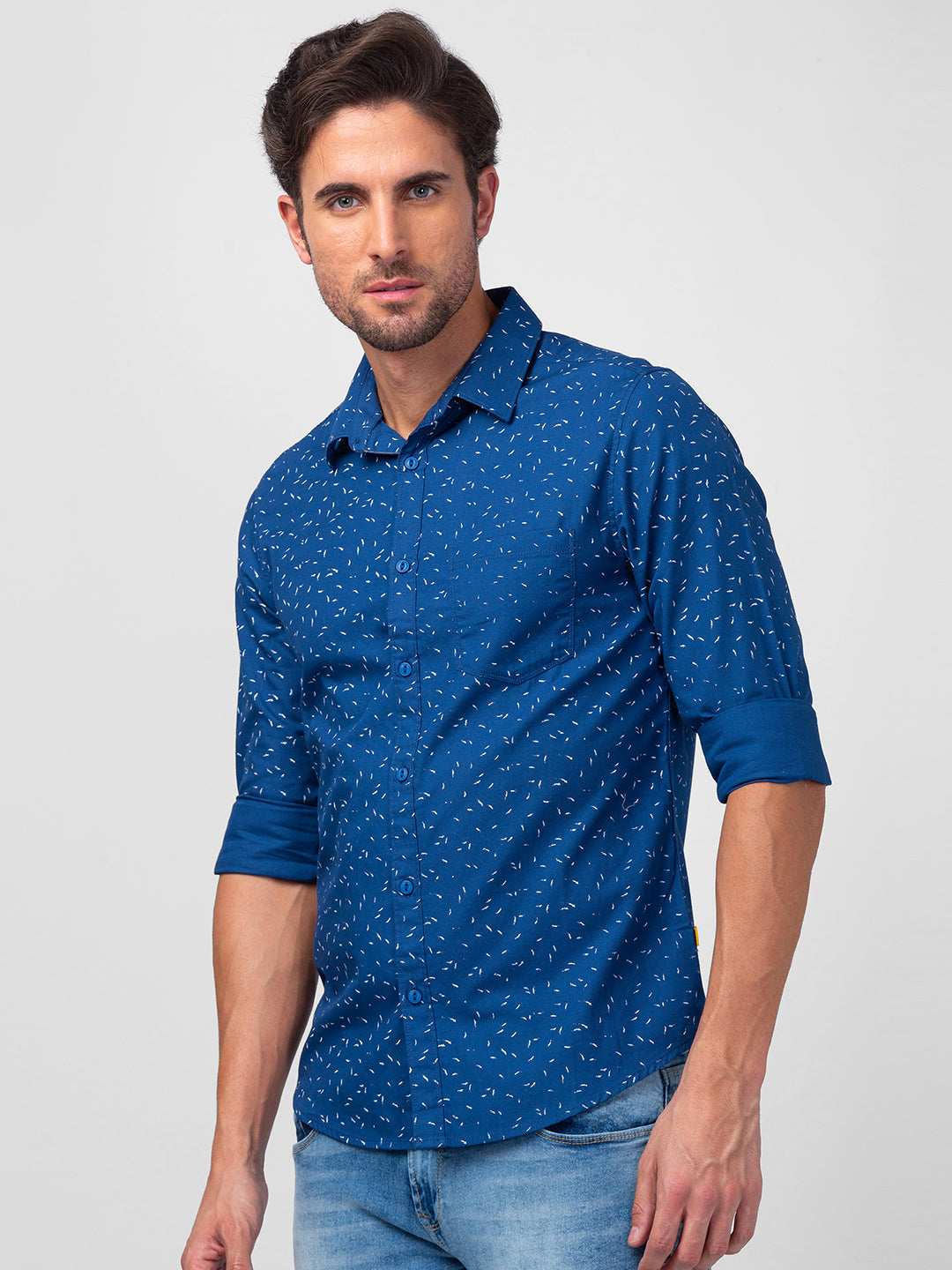 Spykar Men Cobalt Blue Cotton Slim Fit Printed Shirt