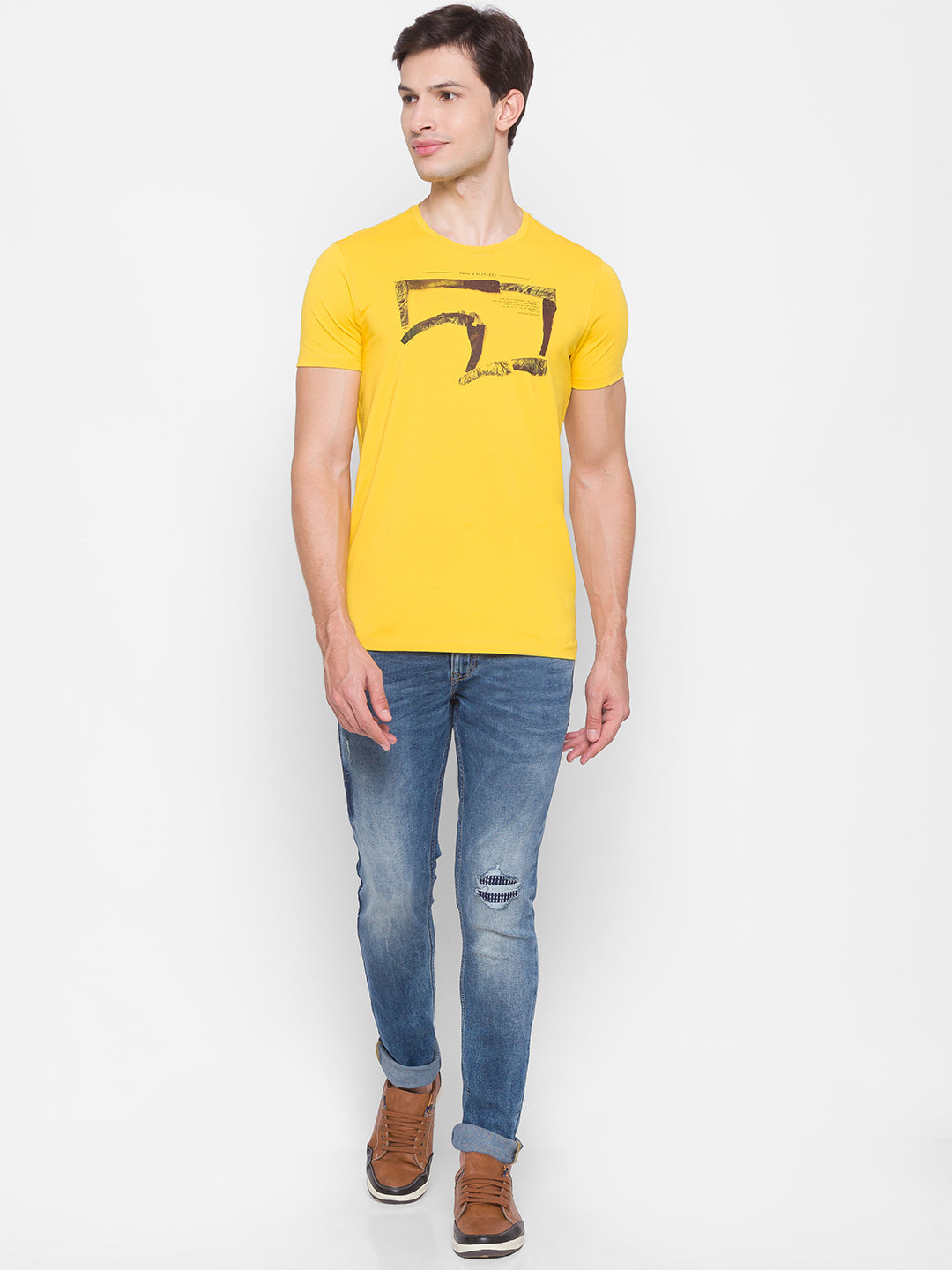 Spykar Men Yellow Cotton Slim Fit Round Neck T-Shirt