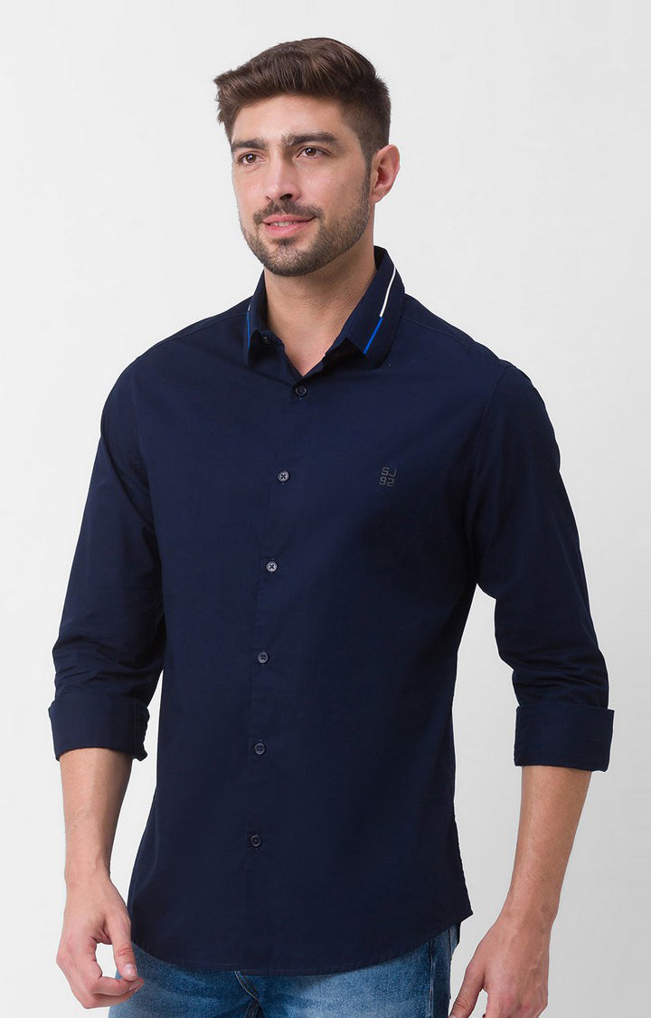 Spykar Navy Blue Cotton Full Sleeve Plain Shirt For Men