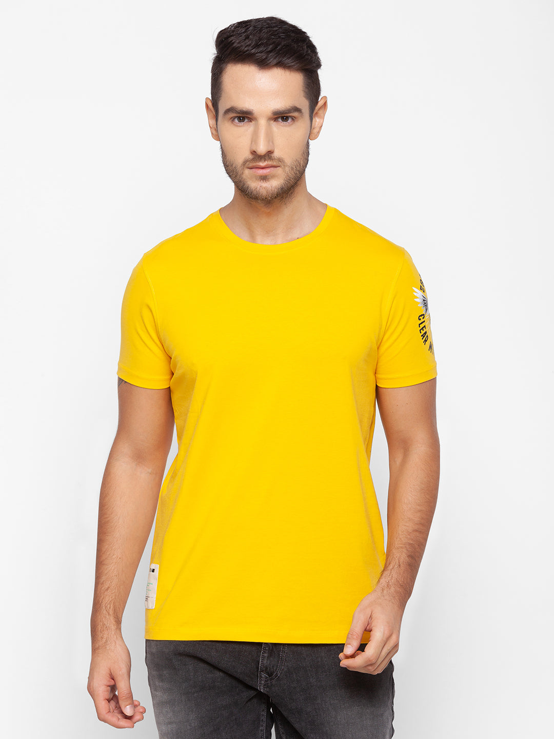 Spykar Men Yellow Cotton Slim Fit Round Neck T-Shirt